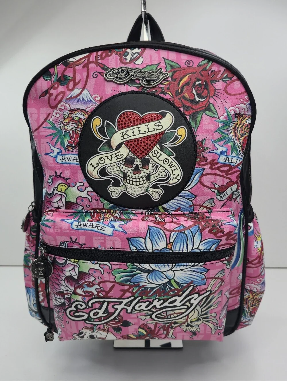 Ed Hardy Love Kills Slowly Tattoo Print Lap Top Backpack Pink Black Skull NWT